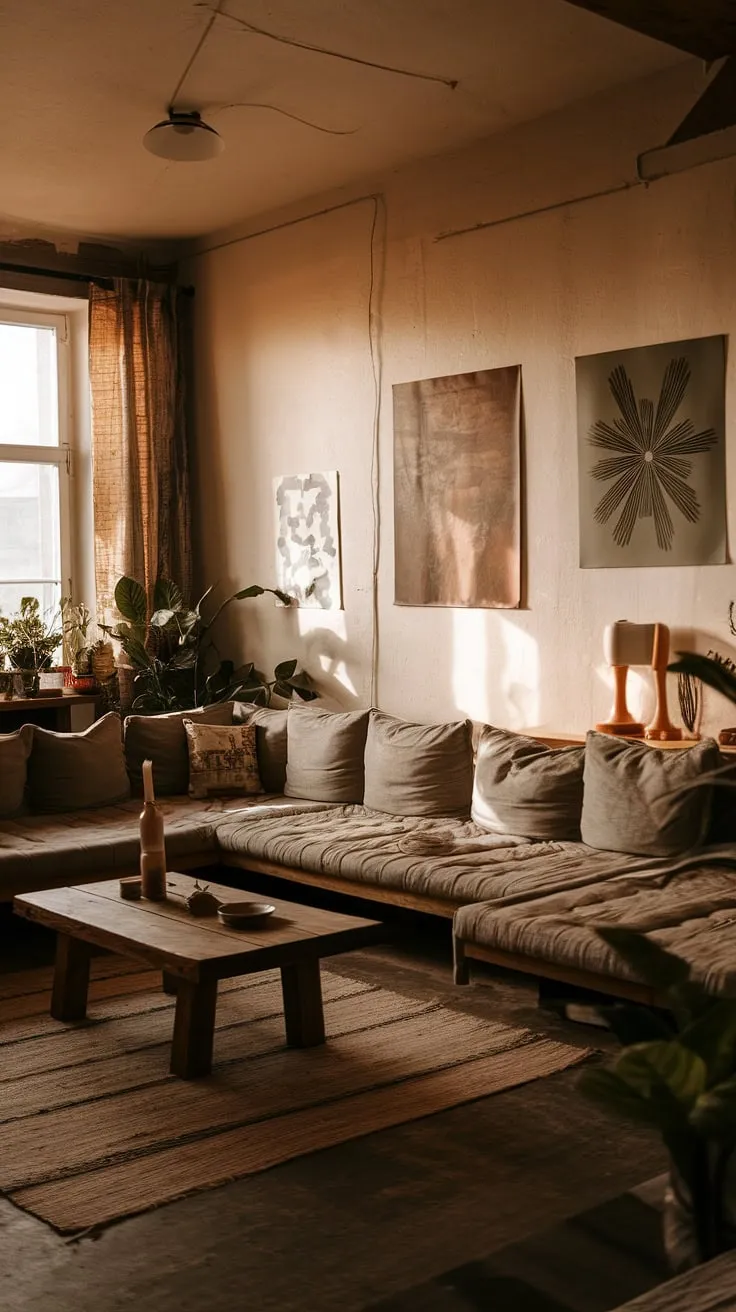 This rustic apartment's minimalist design creates a cozy haven, perfect for unwinding after a long day. The warm lighting and comfortable L-shaped couch, complemented by carefully chosen artwork and plants, invite relaxation and a sense of calm. A true testament to the power of simple, intentional design.