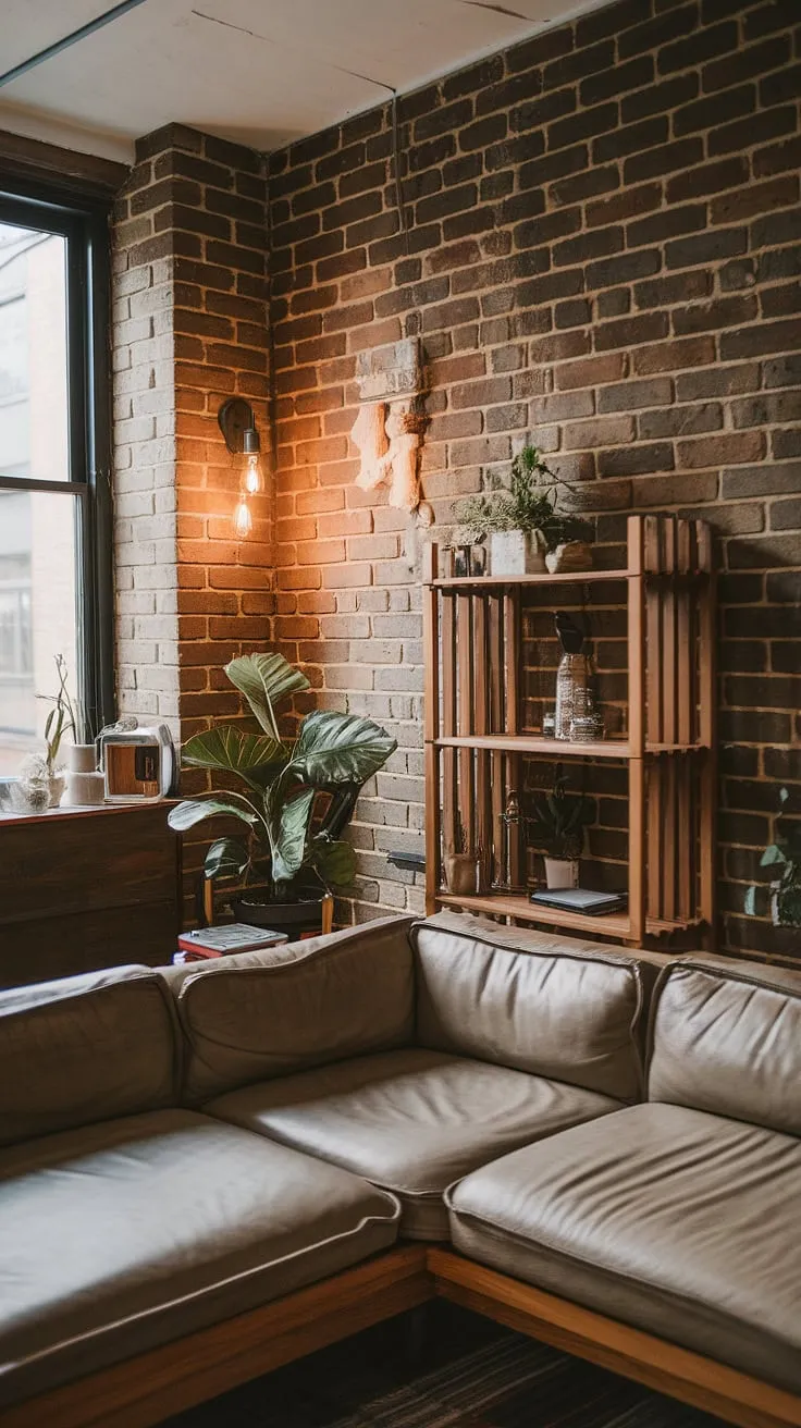 Find your sanctuary in this minimalist haven. The exposed brick walls and warm lighting create an atmosphere of rustic charm, while the L-shaped couch and carefully curated décor-a simple plant and wooden shelf-offer a sense of calm and personal comfort. A space designed for relaxation and mindful living.