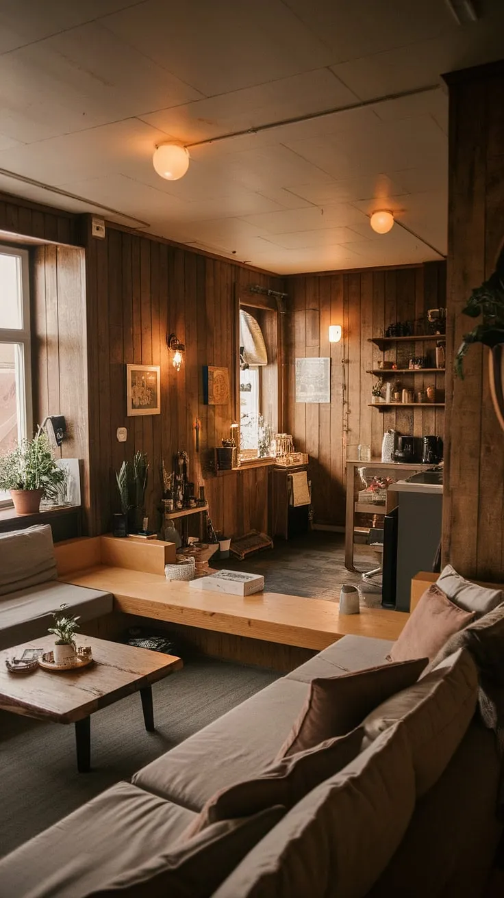 Warmth and simplicity define this charming apartment. The L-shaped couch invites relaxation, while the wooden coffee table and adjacent kitchen offer both practicality and a sense of understated elegance. A testament to the power of thoughtful design, it's a space where comfort and style seamlessly coexist.