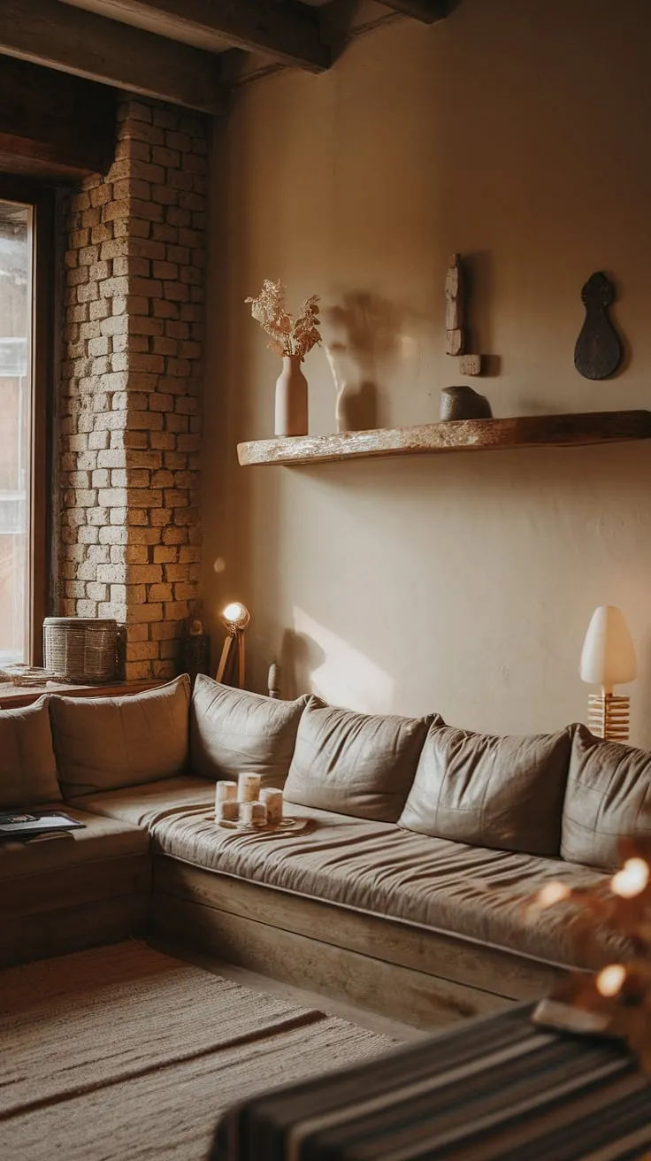 This small apartment proves that cozy and rustic can coexist beautifully. The minimalist design, warm lighting, and L-shaped couch offer comfort and functionality, while the exposed brick walls and wooden elements add a touch of character. A few carefully curated items on the wooden shelf complete the inviting aesthetic.