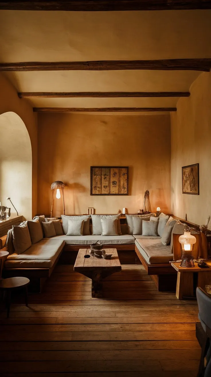 The earthy tones of the walls and wooden floors create a sense of warmth and tranquility in this small, yet perfectly formed apartment. A simple L-shaped couch, a wooden coffee table, and a vintage lamp are all that's needed to create a cozy and inviting space. A perfect example of how thoughtful design can maximize comfort and style.