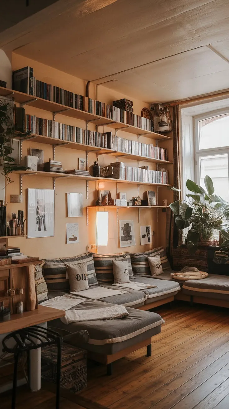 This rustic apartment effortlessly blends minimalist design with cozy warmth. The L-shaped couch invites relaxation, while the thoughtfully curated bookshelves and large plant add personality and a touch of nature, creating a home that feels both stylish and lived-in. A perfect sanctuary.