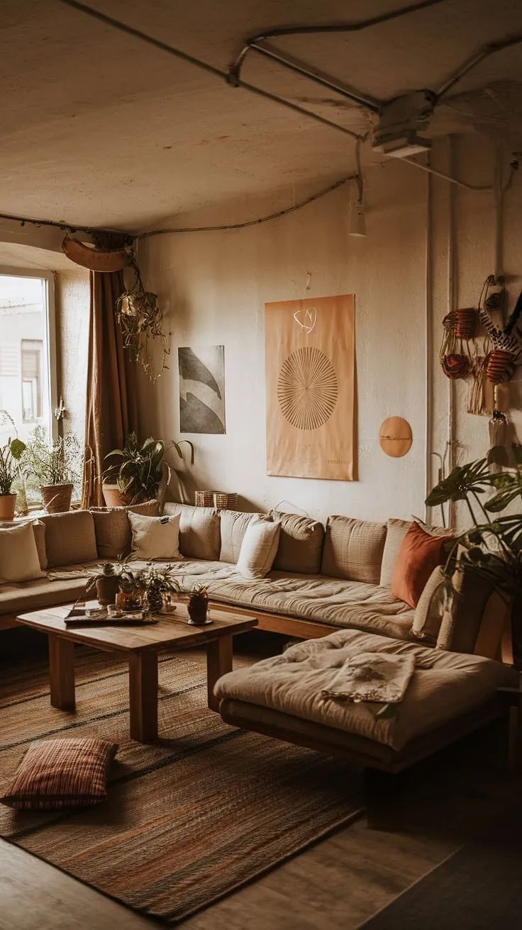 Rustic charm meets minimalist serenity in this cozy apartment. The L-shaped couch invites relaxation, while the warm lighting and carefully chosen art create a space that feels both inviting and effortlessly stylish. A perfect blend of textures and natural elements makes this the ideal retreat.