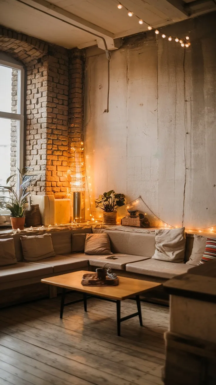 This minimalist apartment effortlessly blends rustic textures with a cozy atmosphere. The warm glow of the fairy lights and lamp, coupled with the natural wood and exposed brick, creates a space that's both inviting and aesthetically pleasing. A perfect example of how less can truly be more.