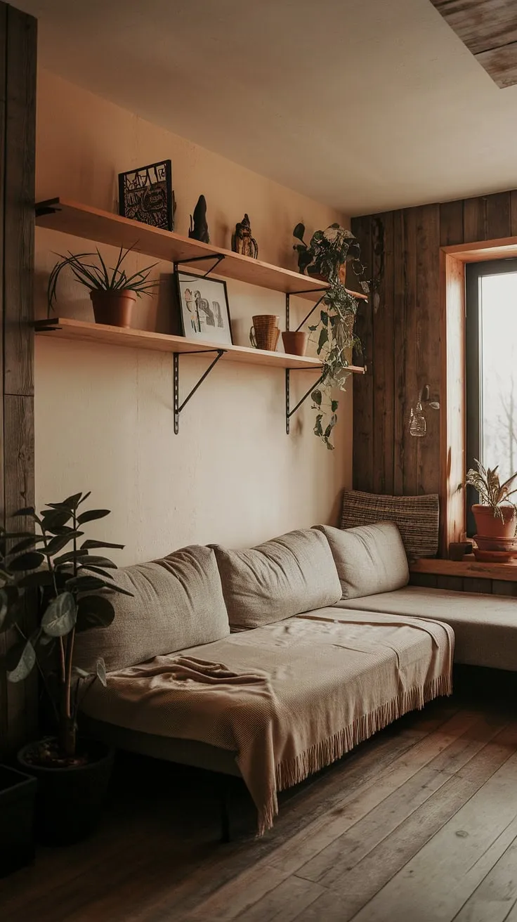 Nestled within these wooden walls, this small apartment feels surprisingly spacious. The warm glow of the lighting accentuates the cozy L-shaped couch, draped with a beige blanket, inviting you to relax and unwind. Simple, yet stylish, the minimalist decor, complemented by potted plants and carefully curated decorative items, creates a tranquil and inviting atmosphere. A true testament to thoughtful design.