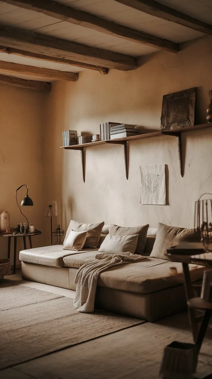 Nestled in the heart of the home, this rustic apartment whispers tales of comfort and simplicity. The warm lighting and L-shaped couch invite you to unwind, while the minimalist design and carefully chosen details create a haven of tranquility. A perfect blend of rustic charm and modern ease.