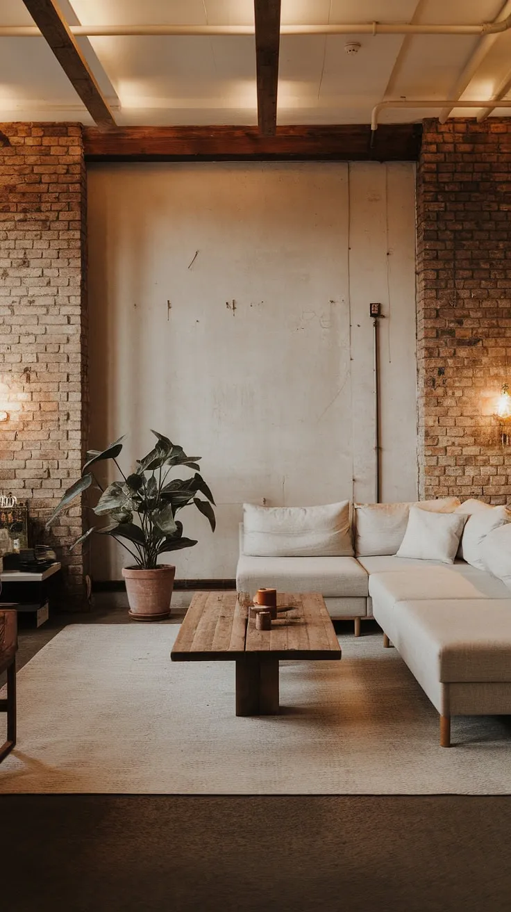 This rustic apartment's minimalist design, featuring an L-shaped grey couch and warm lighting, creates a cozy haven. The exposed brick walls add character, while the simple wooden coffee table and potted plant bring a touch of nature indoors. A perfect blend of comfort and style.