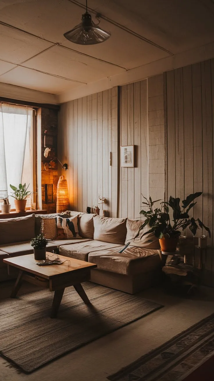 Warmth and simplicity define this living room. The wooden planks, natural light, and carefully chosen decor create a space that feels both inviting and effortlessly stylish. An example of how a minimalist approach can still result in a home filled with character and charm.