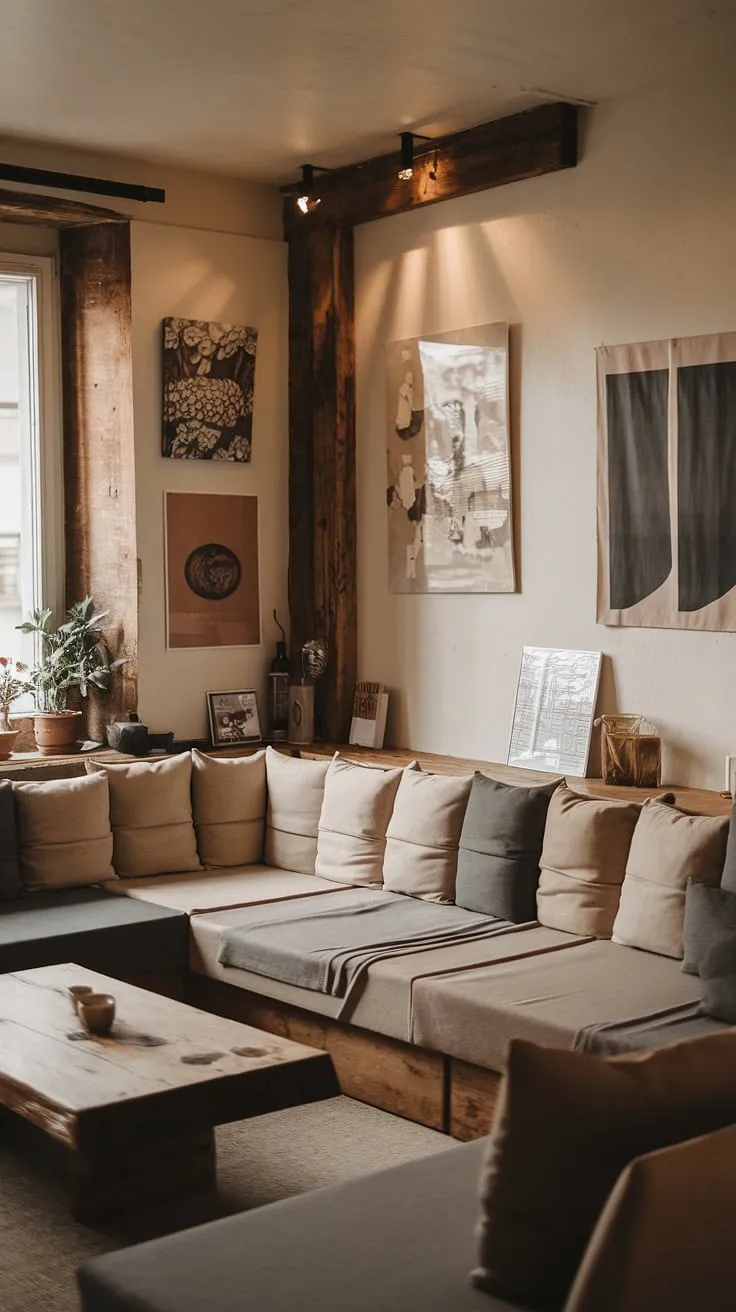 This small space feels incredibly spacious thanks to its minimalist design. The neutral tones of the L-shaped couch and wooden coffee table create a calming ambiance, while the artwork adds personality. A simple plant brings a touch of nature indoors, making it feel like a true home.
