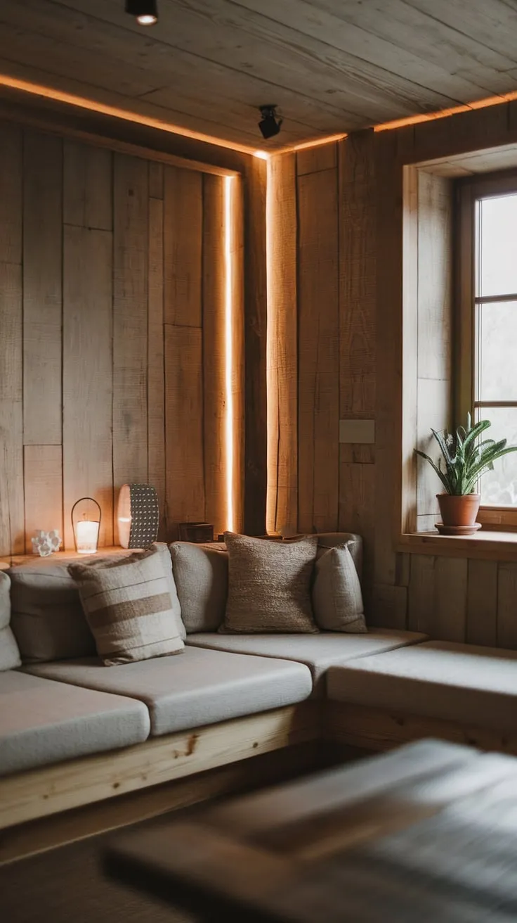 Find your sanctuary in this minimalist rustic apartment. The L-shaped couch, bathed in warm light, invites you to relax and unwind. A few carefully chosen pillows and a small potted plant add personality to the space, showcasing the beauty of simple living. The wooden paneling creates a warm and inviting atmosphere.