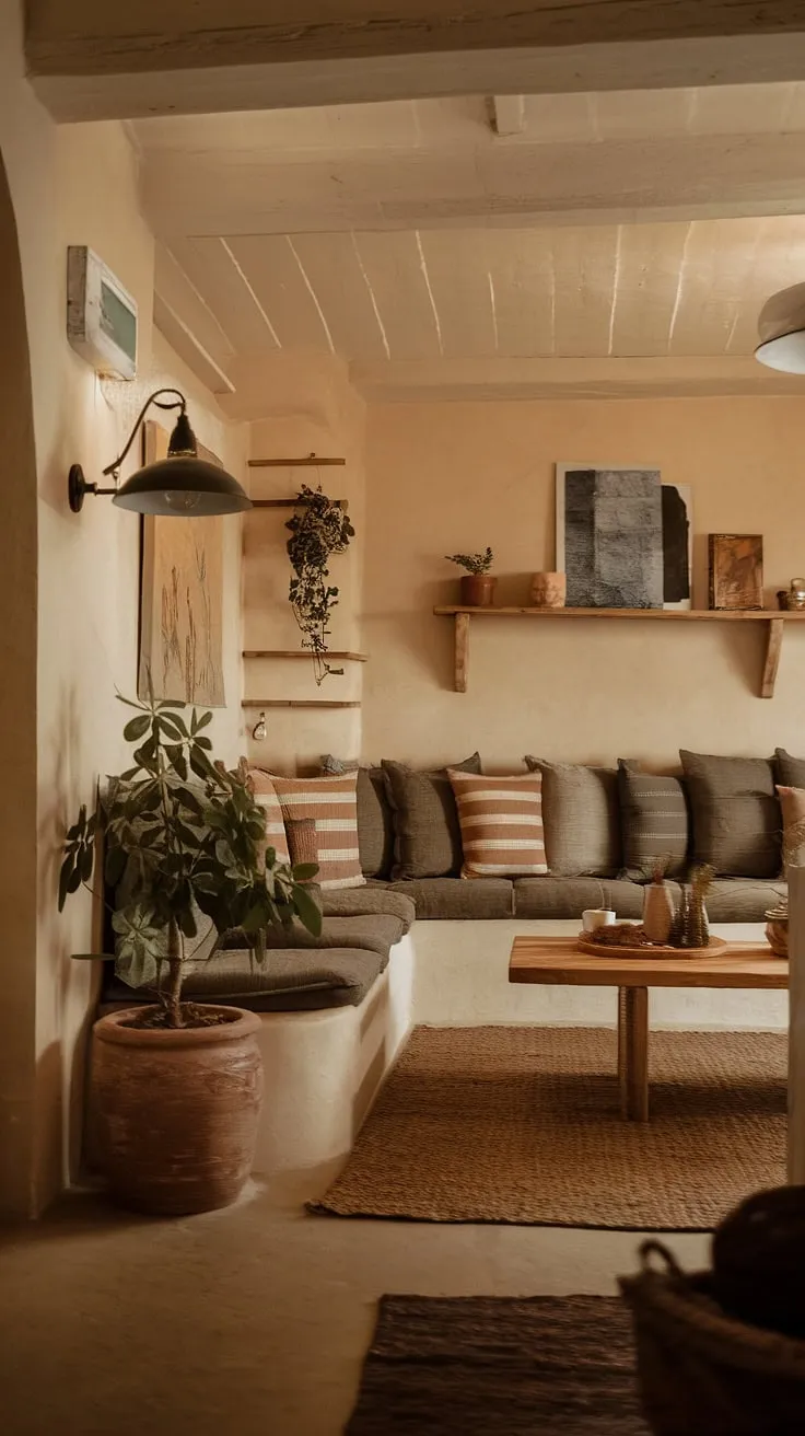 Warm lighting and minimalist design create a haven of calm in this rustic apartment. The L-shaped couch invites relaxation, complemented by the natural textures of the wooden coffee table and a thriving plant, all contributing to a sense of understated elegance. A perfect blend of comfort and style.