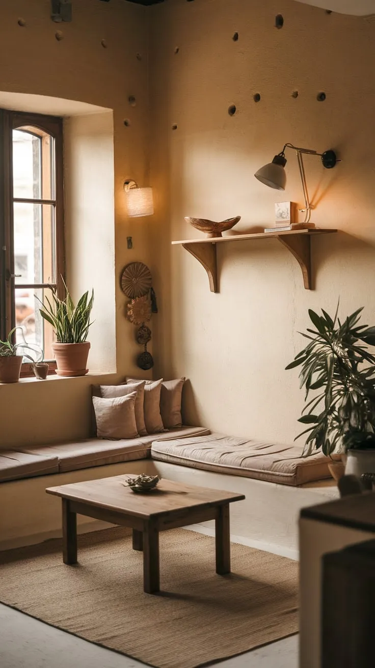 This rustic apartment living room proves that a less is truly more. The warm glow of the lamp, the comforting textures, and the strategically placed plants all contribute to a space that feels both stylish and utterly relaxing. A perfect example of how to maximize comfort in a minimal footprint.