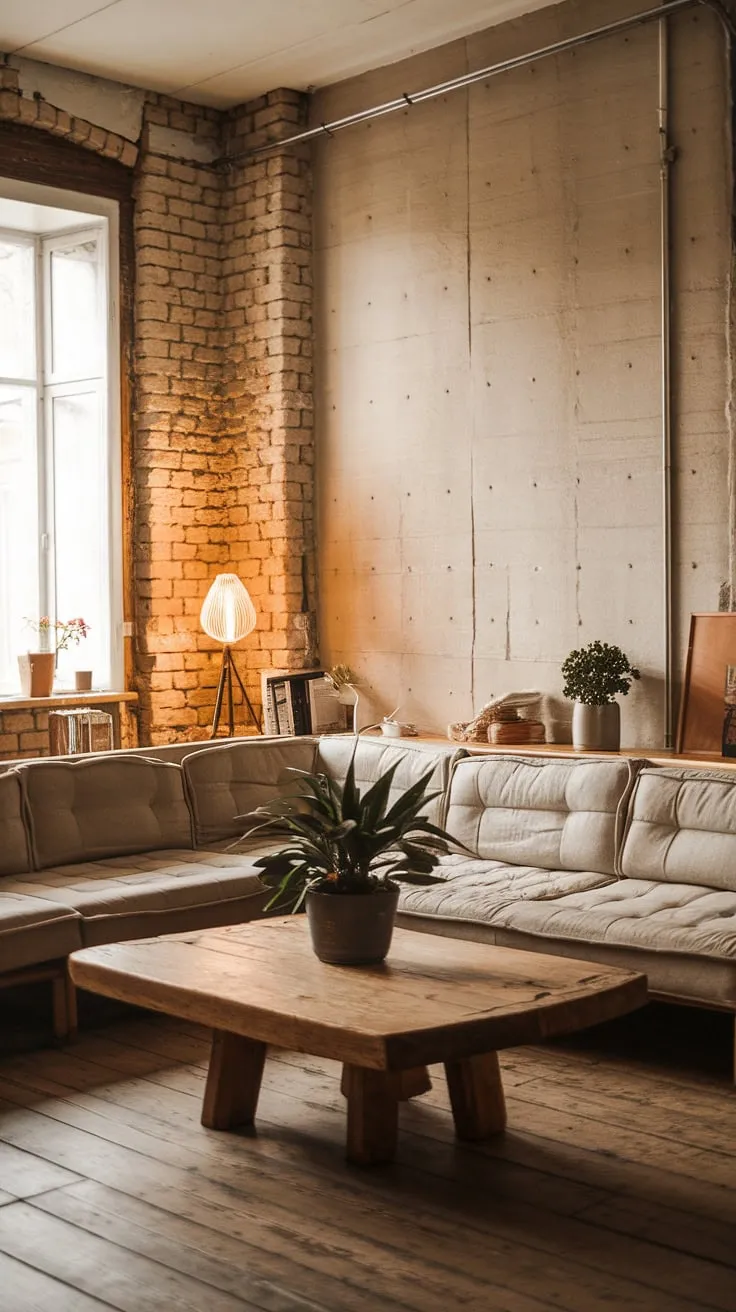 Warm lighting and exposed brick create a uniquely inviting atmosphere in this minimalist apartment. The L-shaped couch, wooden floors, and simple decor combine to form a cozy and stylish living space. A perfect example of rustic charm.
