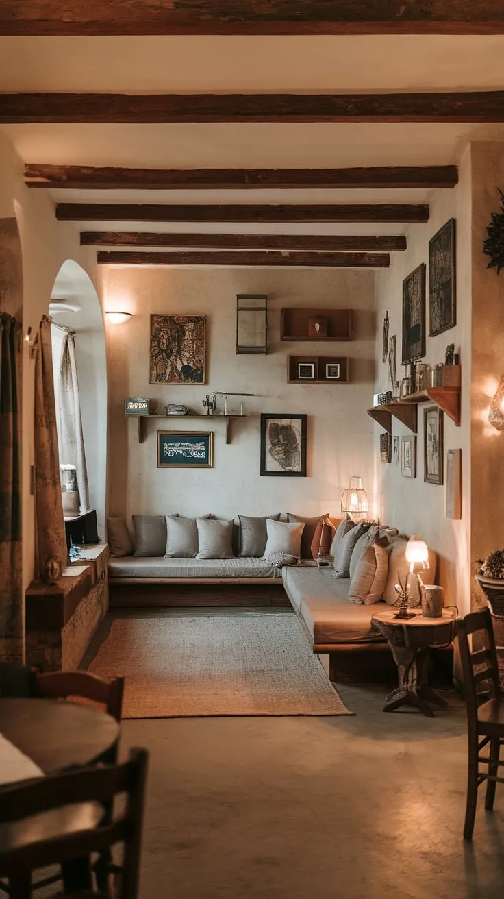 Warm lighting and a carefully curated collection of vintage artwork create a uniquely cozy atmosphere in this minimalist apartment. The L-shaped couch invites relaxation, while the wooden table and shelves add a touch of rustic charm. A haven of peace and quiet.