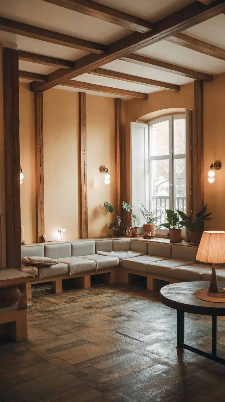 This rustic apartment effortlessly blends minimalist design with cozy charm. The warm lighting, exposed wooden beams, and strategically placed plants create a tranquil atmosphere, perfect for unwinding on the comfortable L-shaped couch. A simple yet sophisticated space, ideal for relaxation.