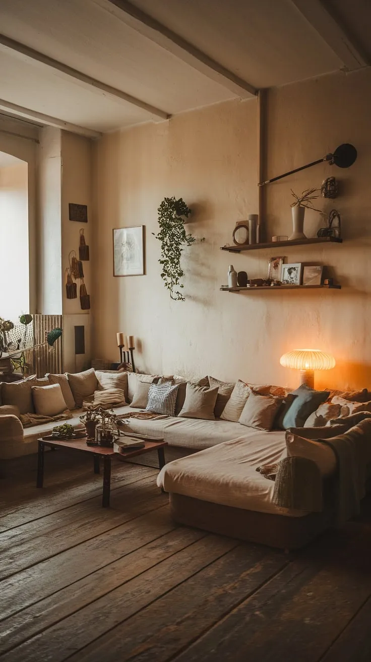 This rustic apartment's minimalist design creates a cozy haven, perfect for unwinding after a long day. The warm lighting and L-shaped couch invite relaxation, while the carefully chosen décor adds a touch of personality. A sense of calm permeates the space, making it a true sanctuary.