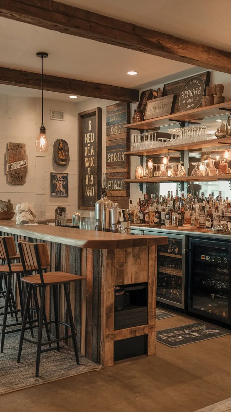 Escape the everyday in this charming basement bar. A blend of rustic country style and modern design, it's the ideal spot for entertaining or enjoying a quiet drink. The carefully chosen details, from the vintage signs to the A-frame shelving, add character and warmth.