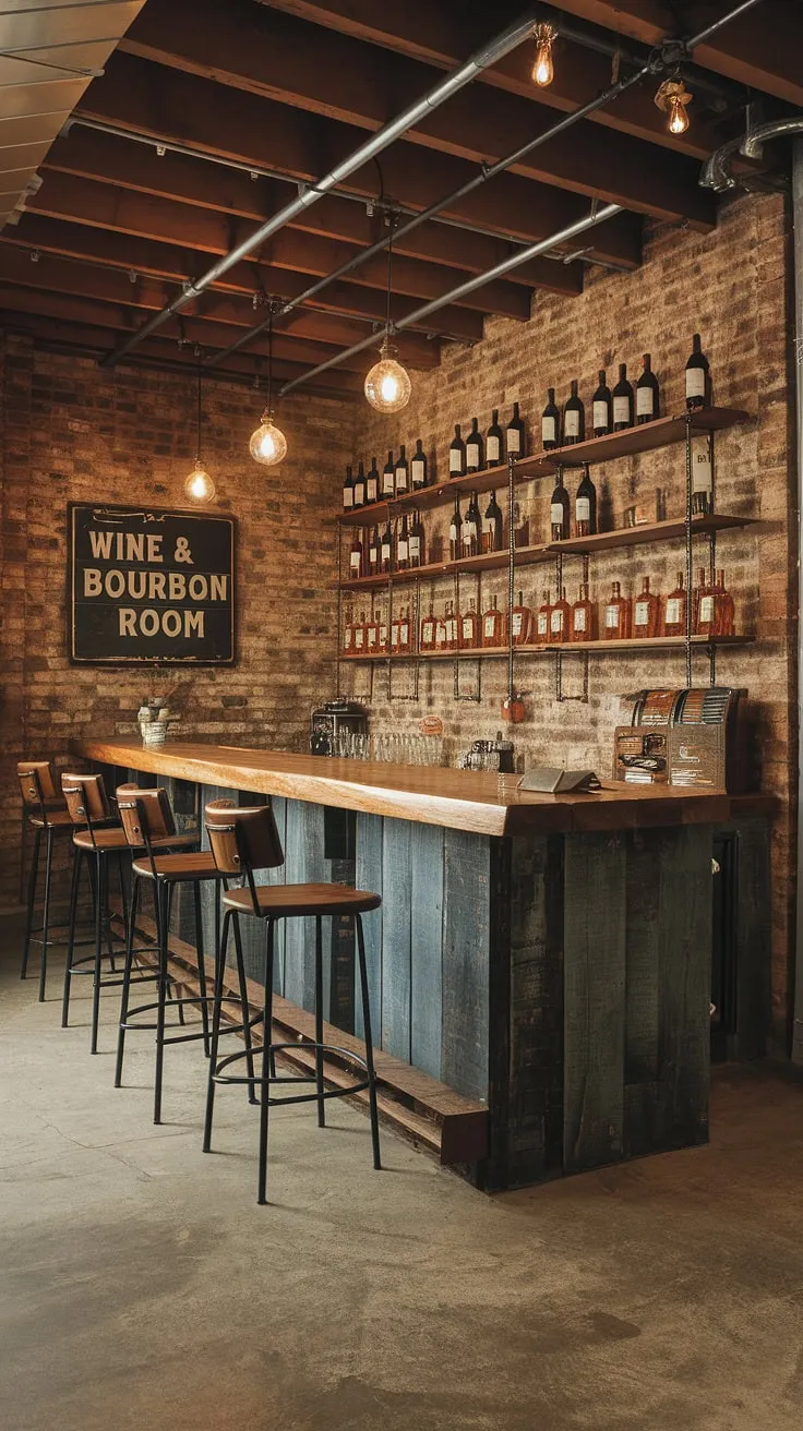 Escape the everyday in this rustic man cave, where the aroma of aged bourbon and fine wine fills the air. The exposed brick walls and vintage "Wine &#038; Bourbon Room" sign create an atmosphere of relaxed sophistication, perfect for unwinding with friends. A haven for the discerning palate.
