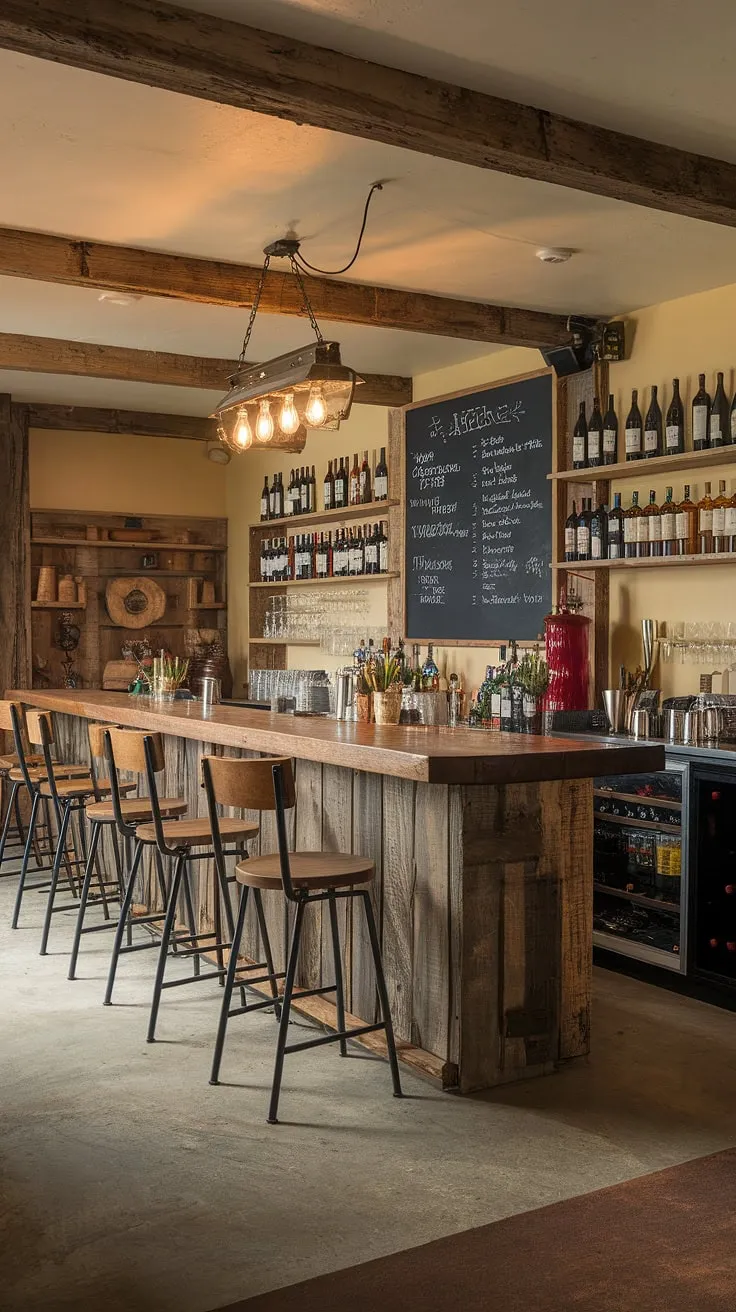 A cozy country-style basement bar, perfect for escaping the everyday. The long wooden counter, A welcoming centerpiece, is surrounded by comfortable barstools. A chalkboard menu above displays A tempting list of drinks, complemented by A well-stocked collection of wines and bourbons on the shelves behind. The vintage lighting and concrete floor add to the rustic charm.