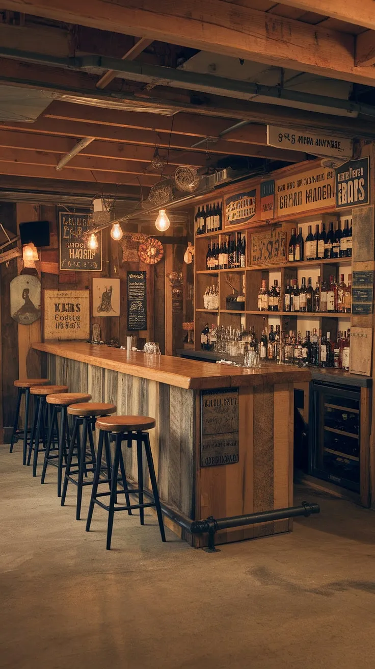 Step into my rustic haven, a basement bar where the bourbon flows freely and the stories are even better. The warm lighting and vintage charm create the perfect atmosphere for a night of good company and even better drinks.