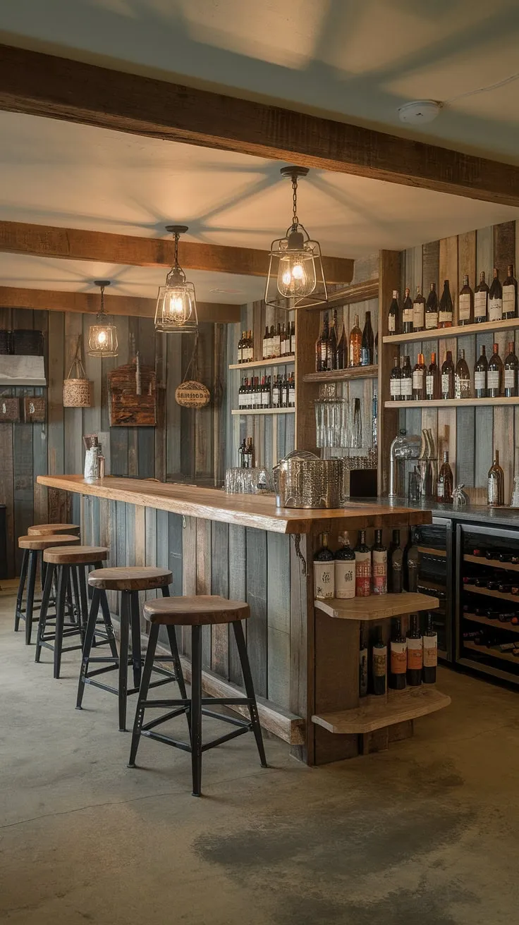 Escape the everyday in this rustic basement bar, where the warmth of wood paneling, the glow of hanging lanterns, and the rich aroma of bourbon and wine create an atmosphere of unparalleled comfort. A perfect spot for quiet contemplation or lively gatherings, this space effortlessly blends country charm with sophisticated style. A true haven.
