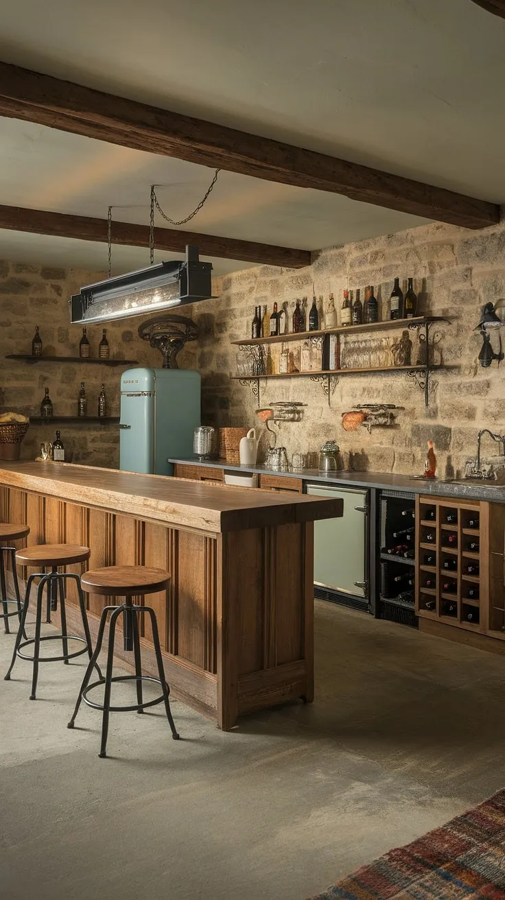 This handcrafted basement bar is a testament to rustic charm. The aged wood, stone walls, and vintage appliances create an atmosphere of relaxed sophistication. Gather 'round the bar, pour a drink, and let the good times flow – it's the ideal spot for a truly unforgettable gathering.