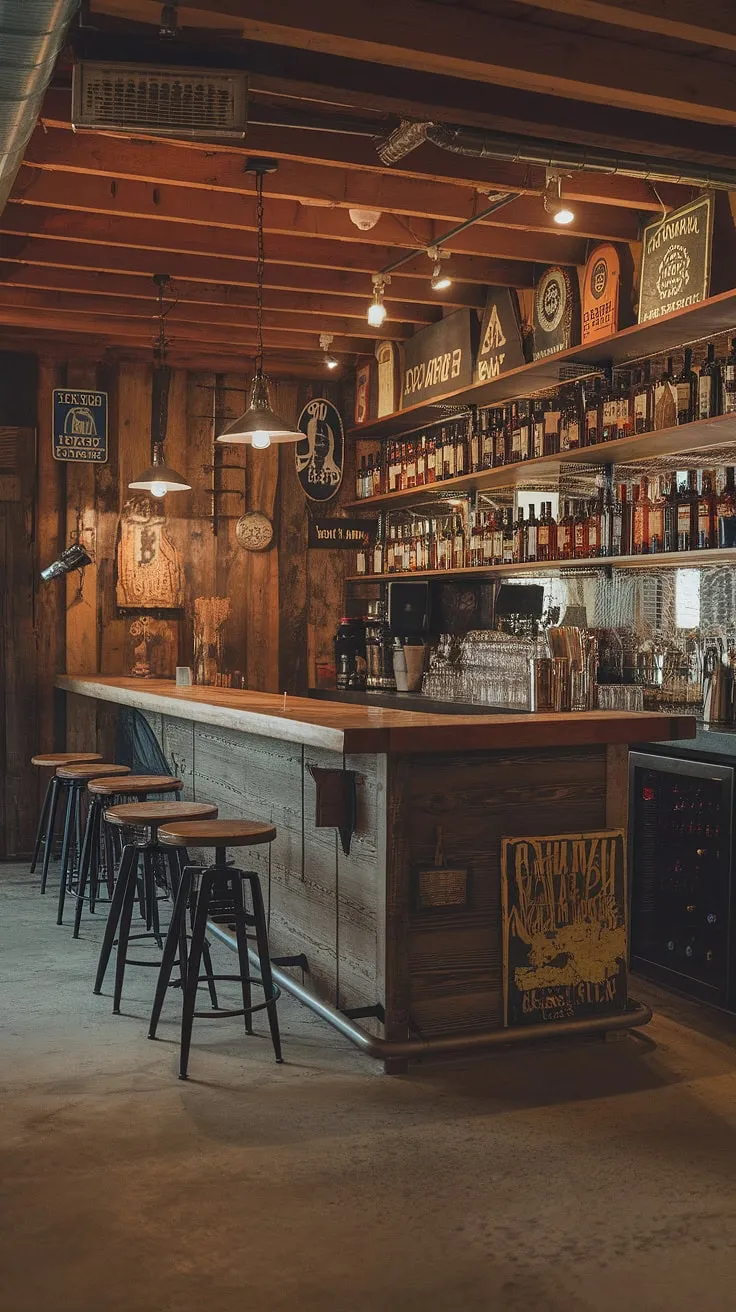 Step into this rustic basement bar, where the warmth of the wood counter and the glow of vintage signs create an atmosphere of pure comfort. The shelves above are stocked with enough whiskey and wine to fuel countless stories, making this the perfect spot for a cozy nightcap or a lively gathering with friends.