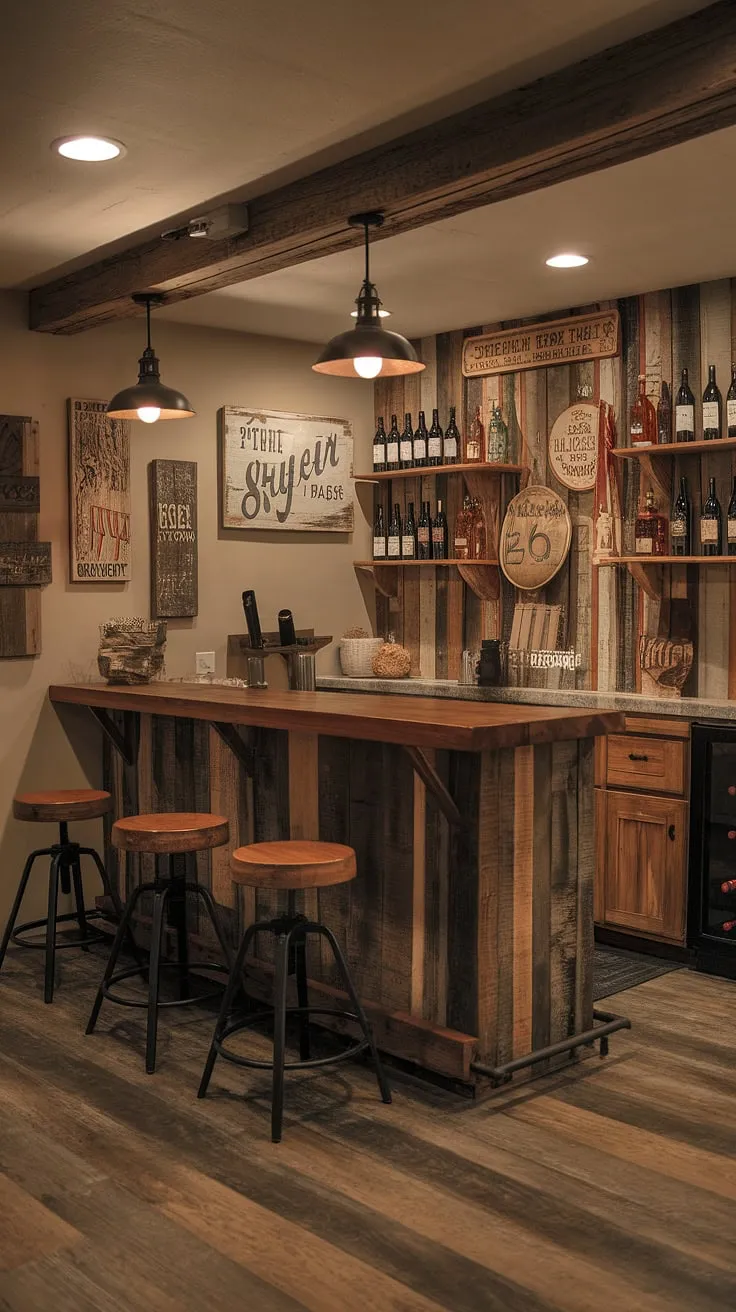 Escape the everyday in this rustic basement bar, a man cave where the bourbon flows freely and good times are always on tap. The warm lighting, vintage signs, and cozy atmosphere create the perfect setting for a relaxing evening with friends.