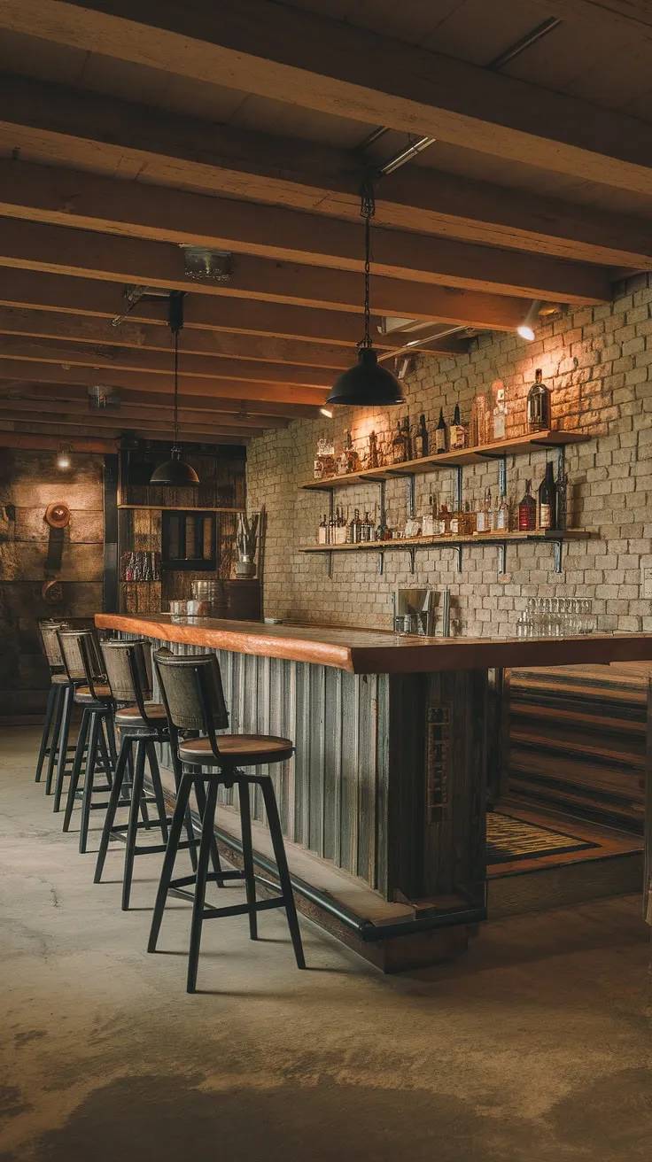 This rustic basement bar, complete with exposed brick walls and a long wooden counter, is the perfect spot for a quiet drink. The warm lighting and carefully curated collection of spirits create an inviting atmosphere, a true testament to a comfortable and stylish home bar.