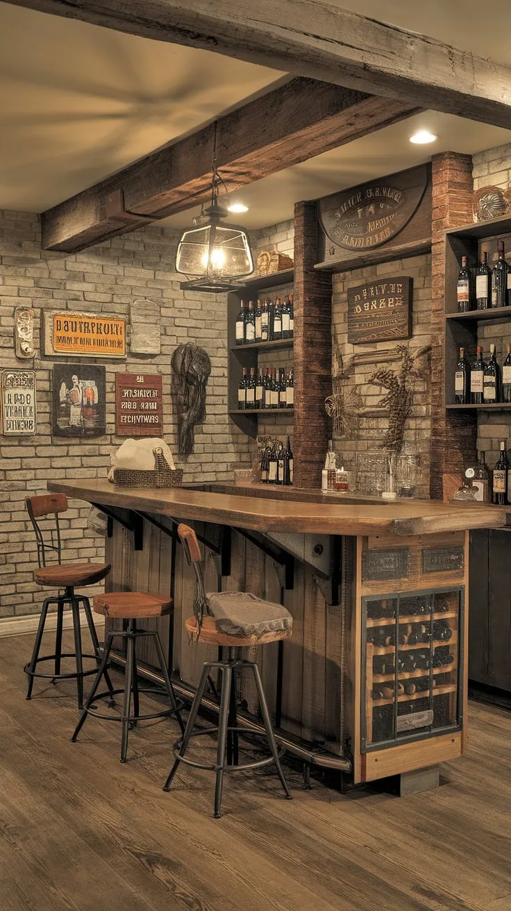 Escape the everyday in this rustic basement bar, a true man cave sanctuary where the warmth of the wood, the glow of the lantern, and the aged charm of the brick walls create an atmosphere of pure relaxation. The carefully curated collection of bourbon and wine, displayed proudly on the shelves, adds a touch of refined indulgence to this cozy retreat. A perfect spot for unwinding and enjoying the company of good friends.