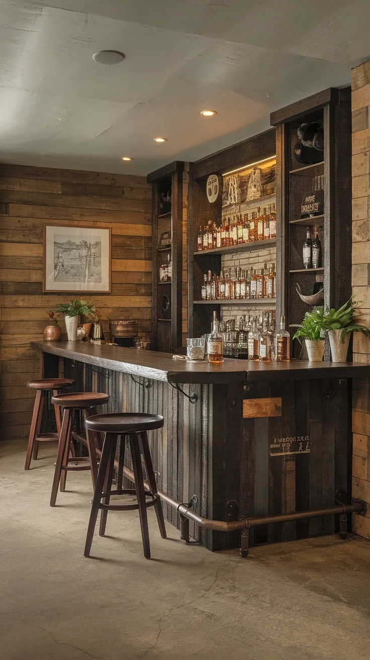 Escape the everyday in this rustic basement bar, a man cave where the whiskey flows freely and good times are always on tap. The warm wood, the comforting dim light, and the inviting atmosphere create the perfect setting for a relaxing evening with friends.