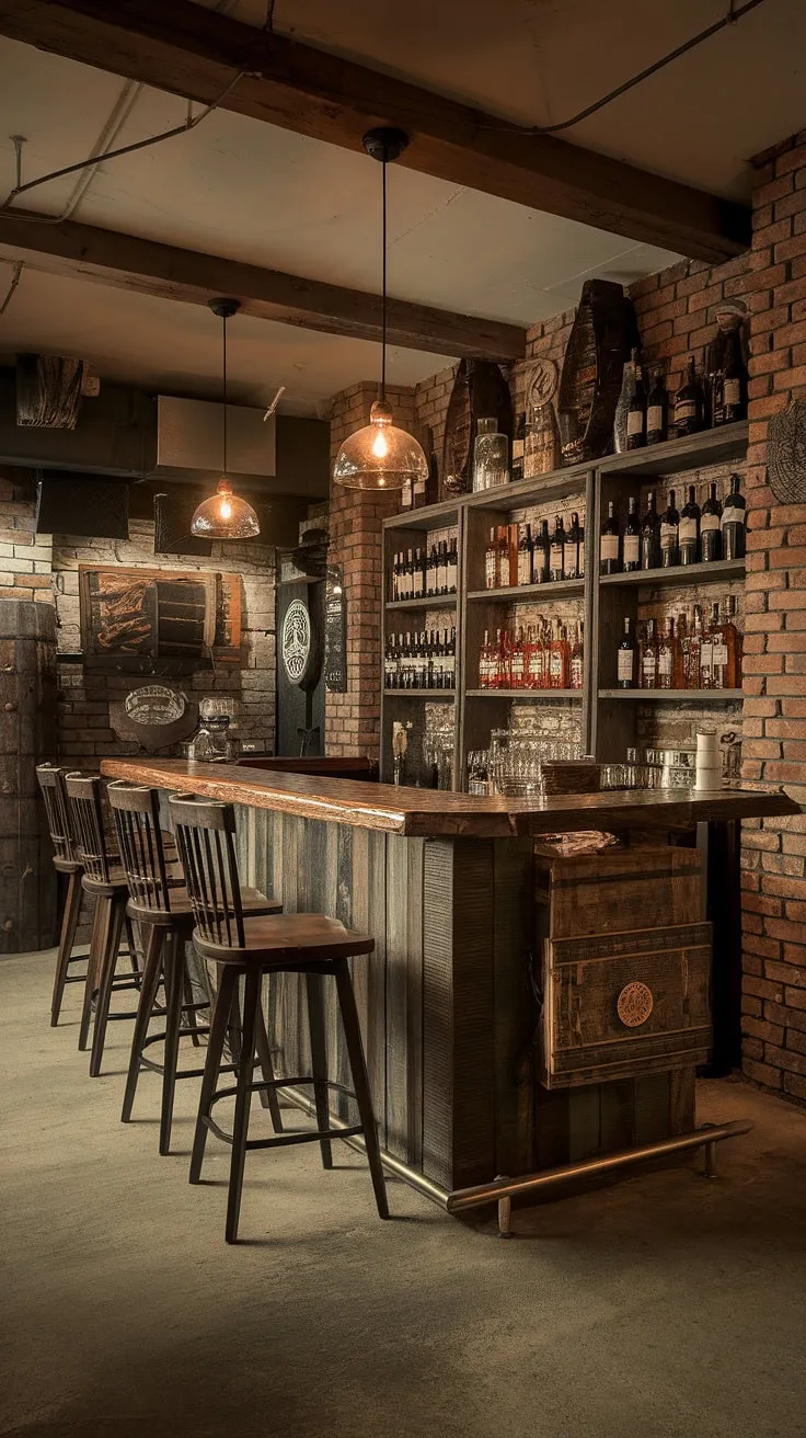 A man's haven carved from the heart of the home. This basement bar, with its aged wood, exposed brick walls, and carefully curated collection of spirits, exudes a rugged charm. The dim lighting and comfortable atmosphere create the perfect setting for a quiet drink or a lively gathering with friends. A true testament to refined rusticity.