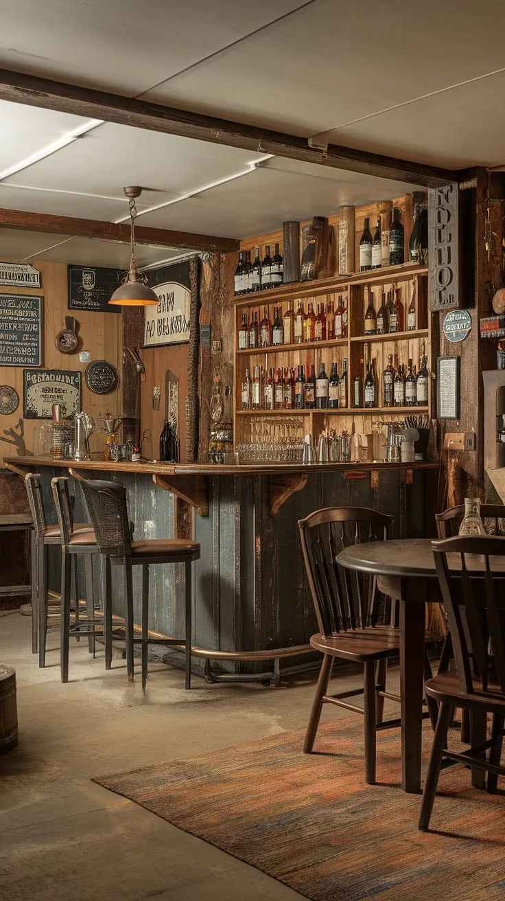 The heart of the home, hidden away. A rustic basement bar, filled with the aroma of aged bourbon and the warmth of crackling conversation. A collection of vintage finds, A perfectly worn rug underfoot, A sanctuary for relaxation and good company.