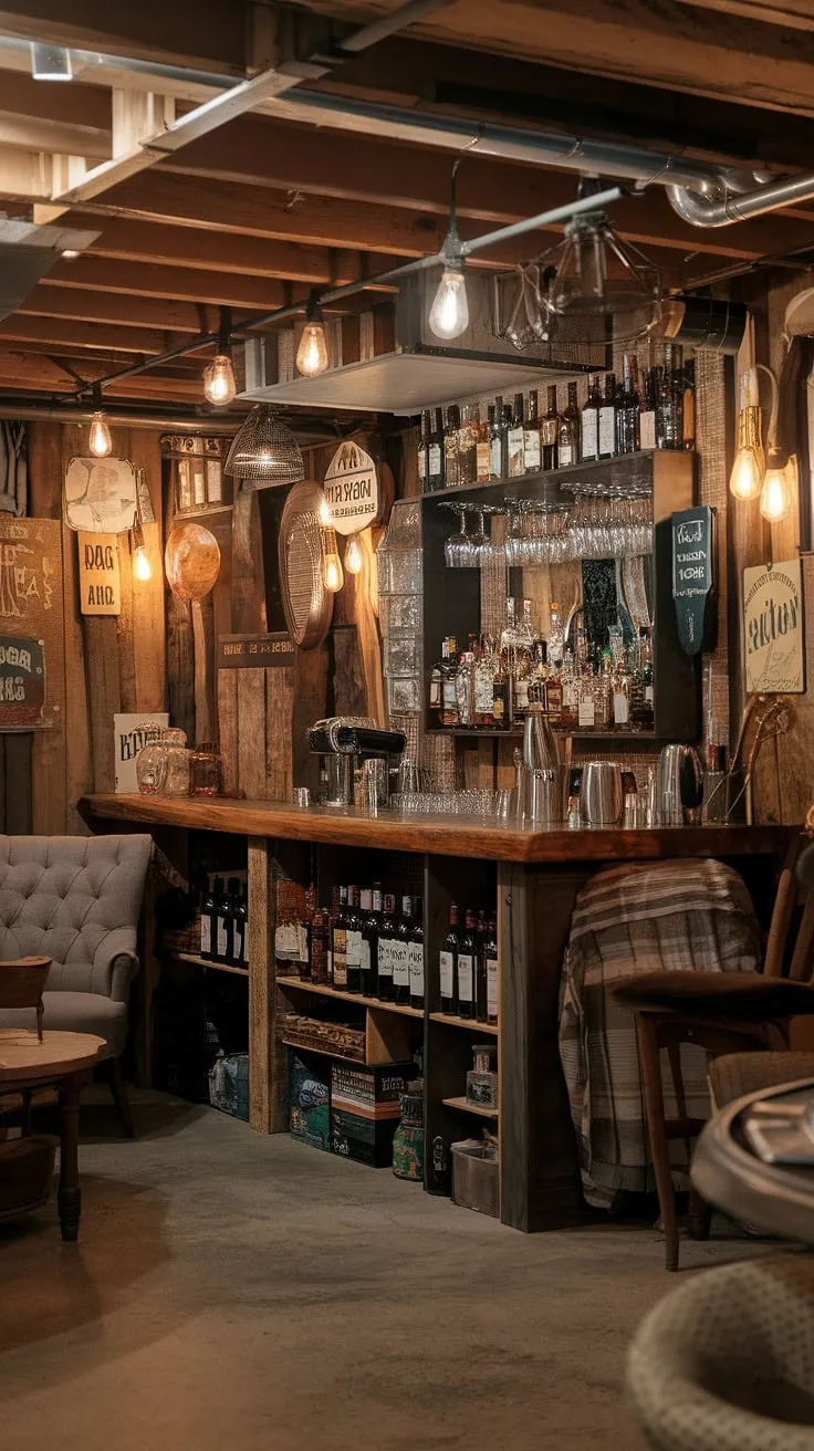 This rustic basement bar, a true man cave, is the perfect spot to unwind. The warm lighting, vintage signs, and well-stocked shelves create an atmosphere of comfortable sophistication. A perfect place for a quiet drink or a lively gathering with friends.