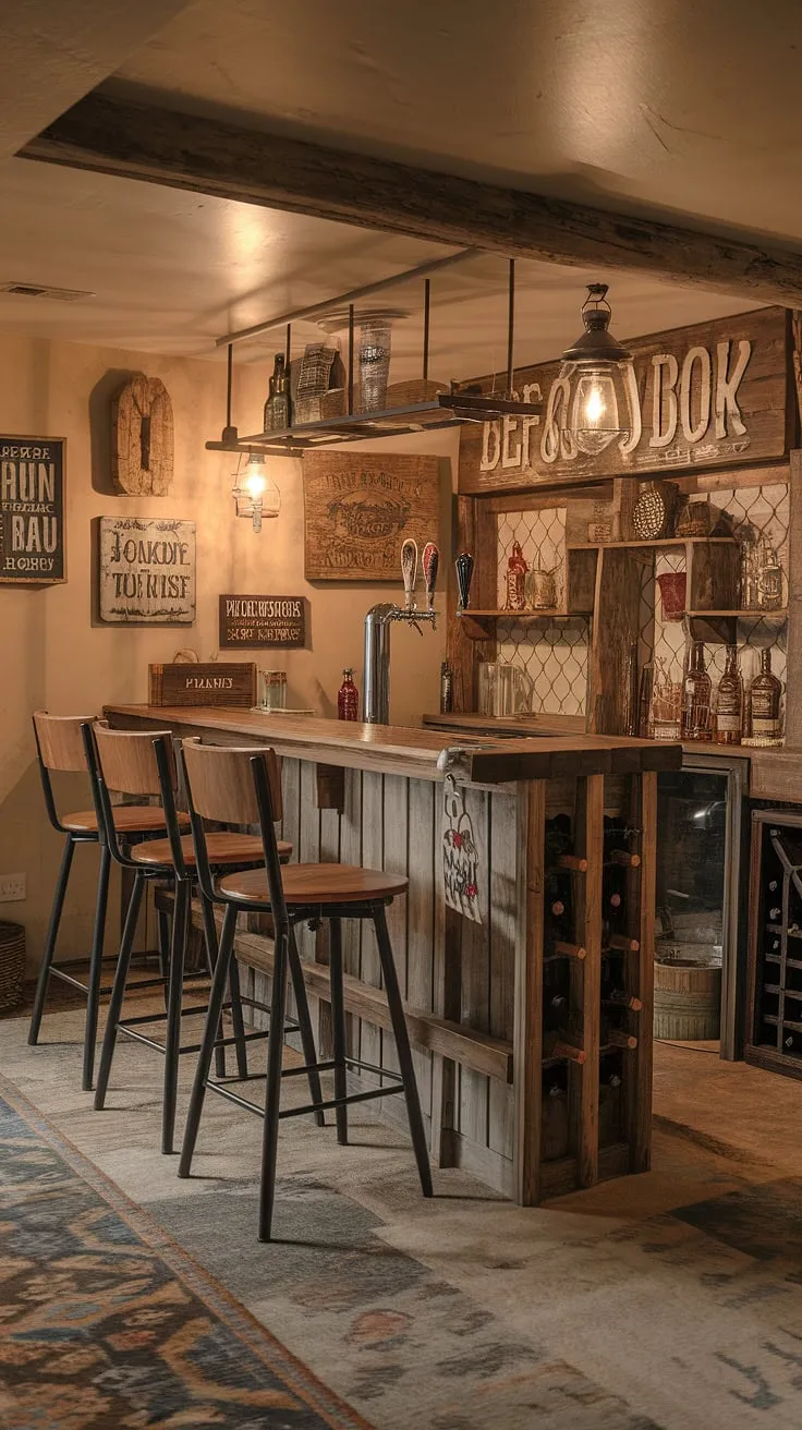 This cozy basement bar is a testament to rustic elegance. A collection of vintage signs, a well-stocked wine rack, and the rich tones of the wooden bar create an atmosphere of relaxed sophistication. A place to gather, share stories, and savor the simple pleasures. A dream come true for any home bar enthusiast.