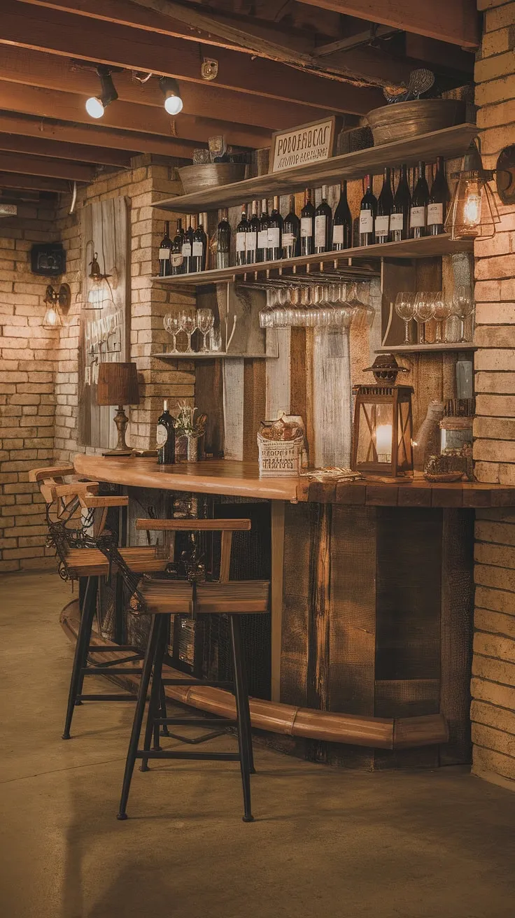 This rustic basement bar is the ultimate man cave, a sanctuary of handcrafted charm and aged spirits. The warm lighting, exposed brick, and carefully curated collection of bourbon, wine, and glassware create an atmosphere of relaxed sophistication. A perfect spot for unwinding after a long day.