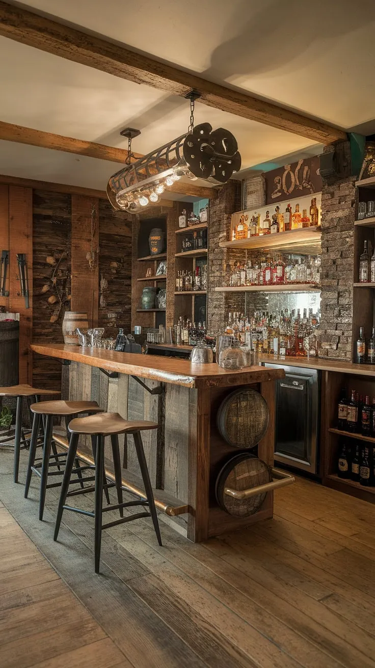 Escape the everyday in this cozy, country-style basement bar. The warm glow of the unique lighting fixture illuminates the handcrafted wooden counter, lined with an impressive collection of spirits. A haven for relaxation and camaraderie, complete with rustic charm and a welcoming atmosphere.
