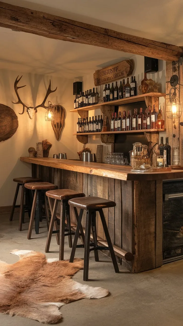 Escape the everyday in this handcrafted haven. A dimly lit basement bar, adorned with antlers and a rustic charm, offers a unique blend of comfort and sophistication. The rich wood tones, coupled with the inviting warmth of the sheepskin rug, create a space perfect for sharing stories and savoring fine spirits. A place where good times are always on tap.