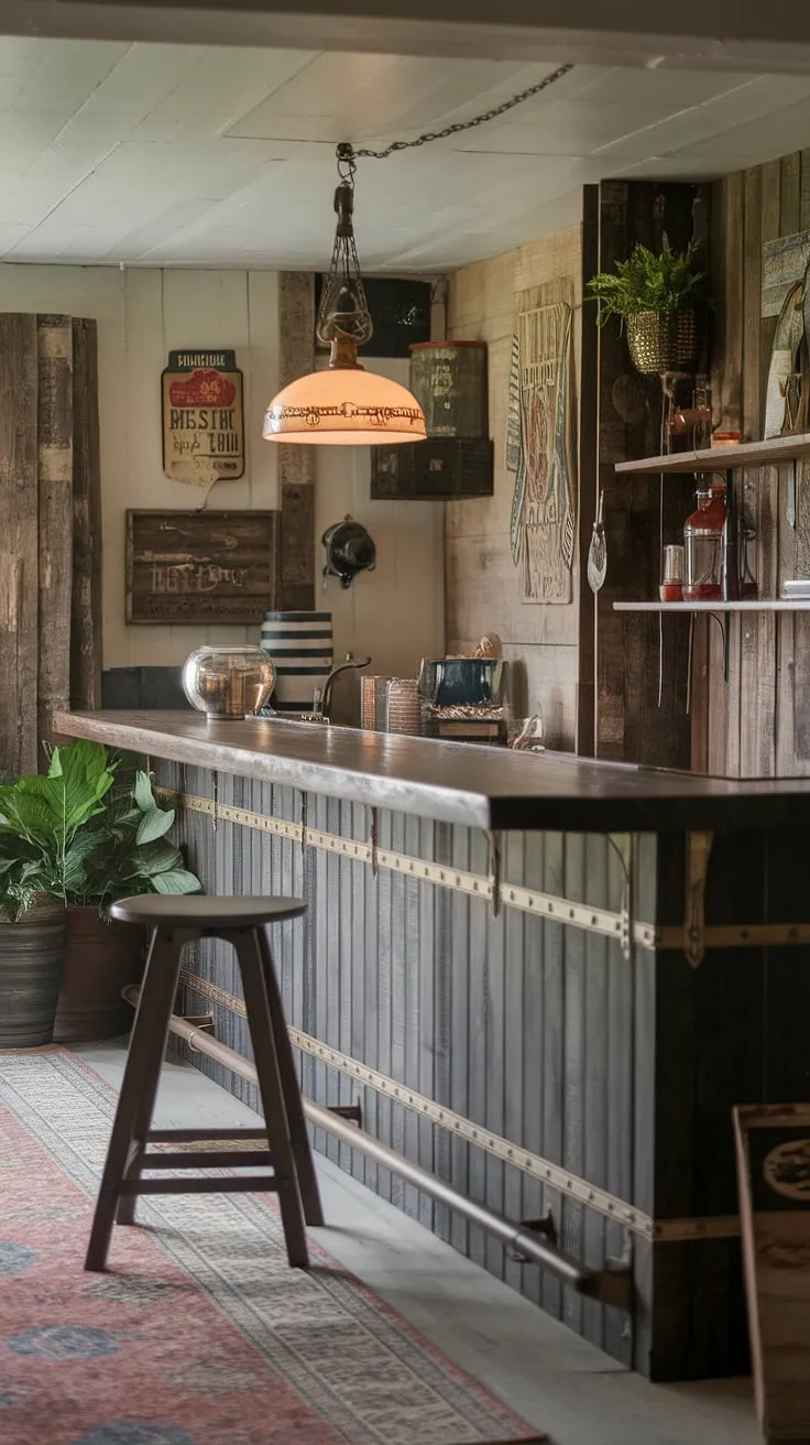Escape the everyday in this rustic basement bar, a man cave where handcrafted details and vintage finds create an atmosphere of unparalleled comfort. The rich wood, brass accents, and warm lighting invite you to unwind and savor the moment. A perfect blend of rugged charm and refined style.