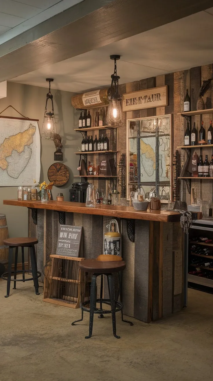 Escape the everyday in this cozy, country-style basement bar. The weathered wood, vintage finds, and carefully chosen details create a space that's both inviting and undeniably masculine. A true testament to the art of comfortable indulgence.