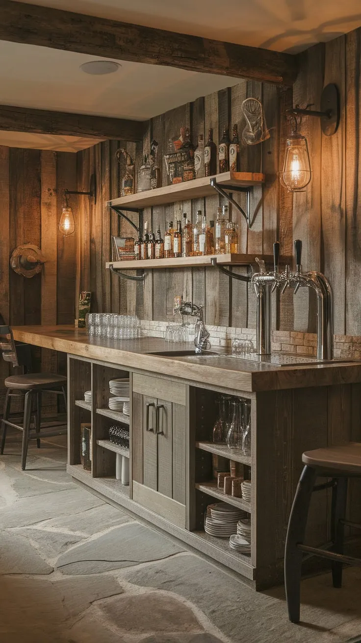 This handcrafted basement bar is more than just a space for drinks; it's a testament to rustic charm and a good times. The warm glow of the lanterns, the inviting wooden counter, and the promise of a perfectly poured drink make it the ultimate man cave retreat, a place where stories are shared and friendships are forged.