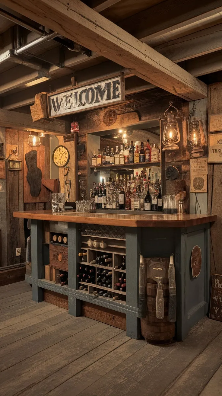The worn wooden planks underfoot, the welcoming "Welcome" sign above, and the collection of bourbon and wine bottles tell a story of good times and even better company. This rustic basement bar is a haven of a cozy comfort, a place where memories are made and stories are shared.