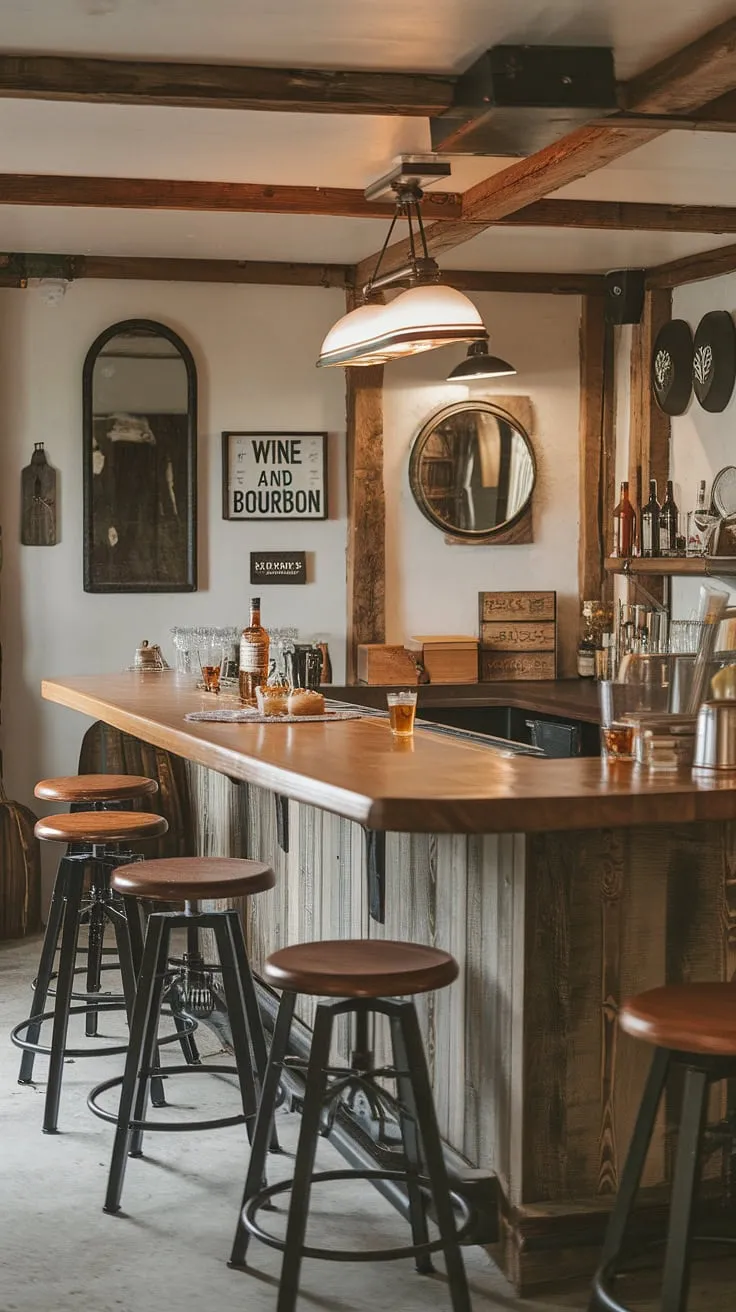 Step into my rustic haven, where the aroma of aged wood and fine spirits fills the air. A pint of amber ale awaits, alongside a glass of something stronger, all under the warm glow of a vintage light. This is where stories are made, and memories are poured.