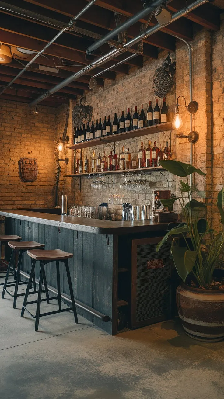 This rustic basement bar, a true man cave, is the perfect spot for unwinding. The exposed brick walls, vintage lighting, and well-stocked shelves create an atmosphere of comfortable sophistication. A perfect place to enjoy a glass of bourbon with friends.