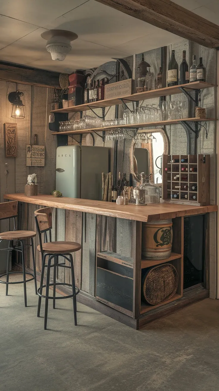 This handcrafted haven, complete with a vintage refrigerator and a well-stocked bar, is the ultimate man cave. The exposed concrete floor and rustic wooden counter create an atmosphere of relaxed refinement, perfect for unwinding with a cold one and good company. A testament to the beauty of simple pleasures and timeless style.