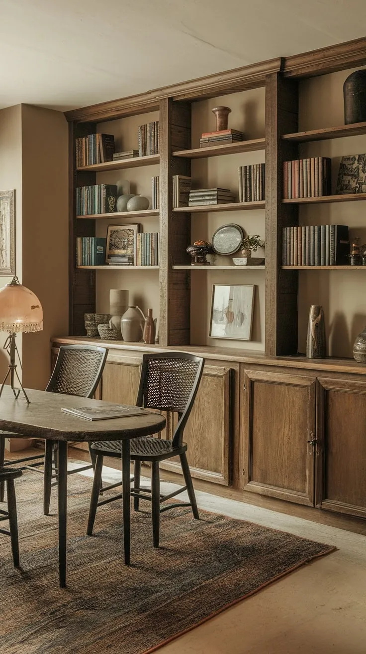 This rustic basement remodel is a cozy haven, perfectly blending vintage charm with modern comfort. The warm beige walls, wooden shelves overflowing with treasures, and a comfortable seating area around the wooden table create the perfect atmosphere for relaxation and quiet contemplation. A vintage lamp casts a gentle glow, enhancing the inviting ambiance of this unique space.