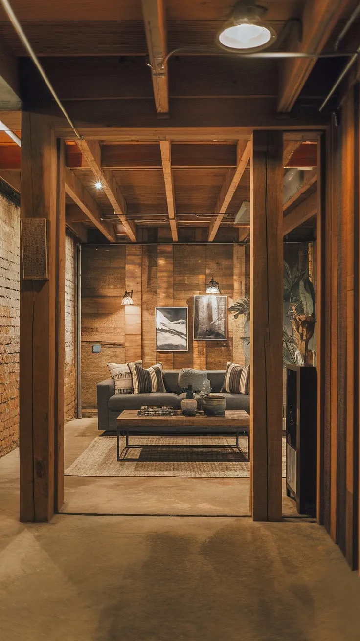 This rustic basement rec room is the perfect blend of vintage charm and modern comfort. Exposed brick, wooden beams, and warm lighting create an inviting atmosphere, while the cozy sofa and coffee table offer the ideal spot for relaxation. A true testament to the power of thoughtful design.