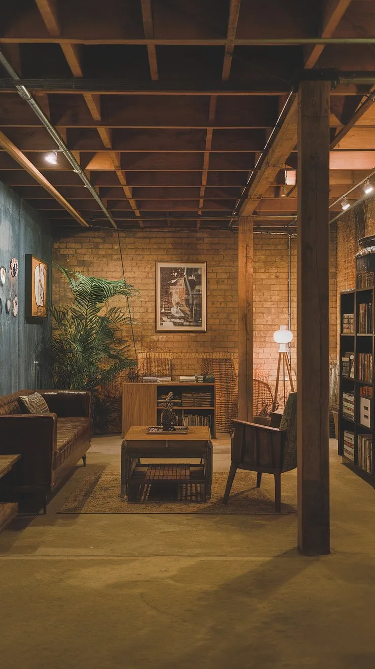 A sanctuary of aged beauty, this basement boasts exposed brick walls, sturdy wooden beams, and a concrete floor, all bathed in the warm glow of inviting light. The vintage couch, wooden chair, and bookshelf create a space that's both comfortable and stylish, a testament to the enduring appeal of rustic design.