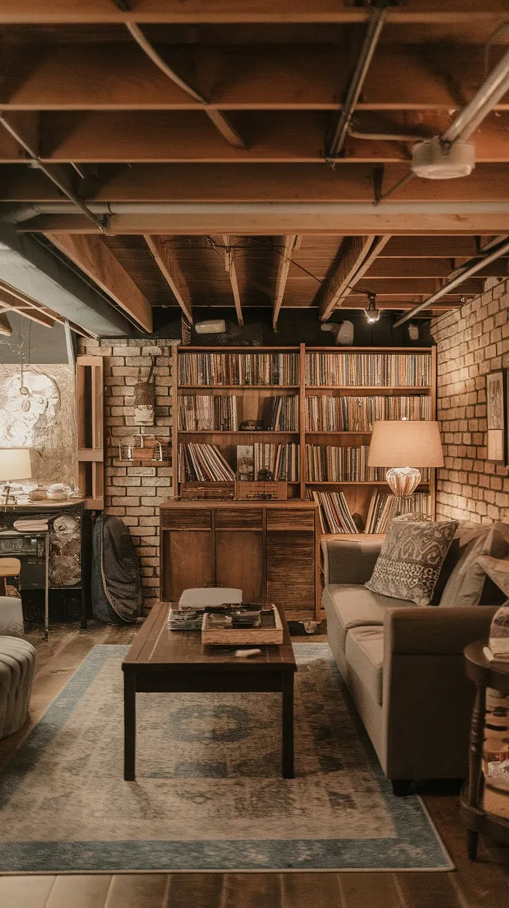 Reclaimed wood, exposed brick, and a thoughtfully designed space: this basement transformation is a testament to the beauty of rustic charm. The vintage record player and comfortable seating create the perfect atmosphere for relaxation and entertainment.