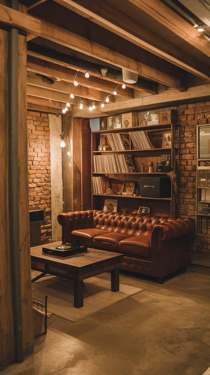 Warm lighting illuminates the exposed brick and wooden beams of this remodeled basement, transforming it into a cozy and stylish rec room. A brown leather sofa, a vintage record player, and a well-loved bookshelf filled with books and vintage treasures create a space that's both inviting and uniquely personal. The perfect spot to unwind and enjoy the simple things.